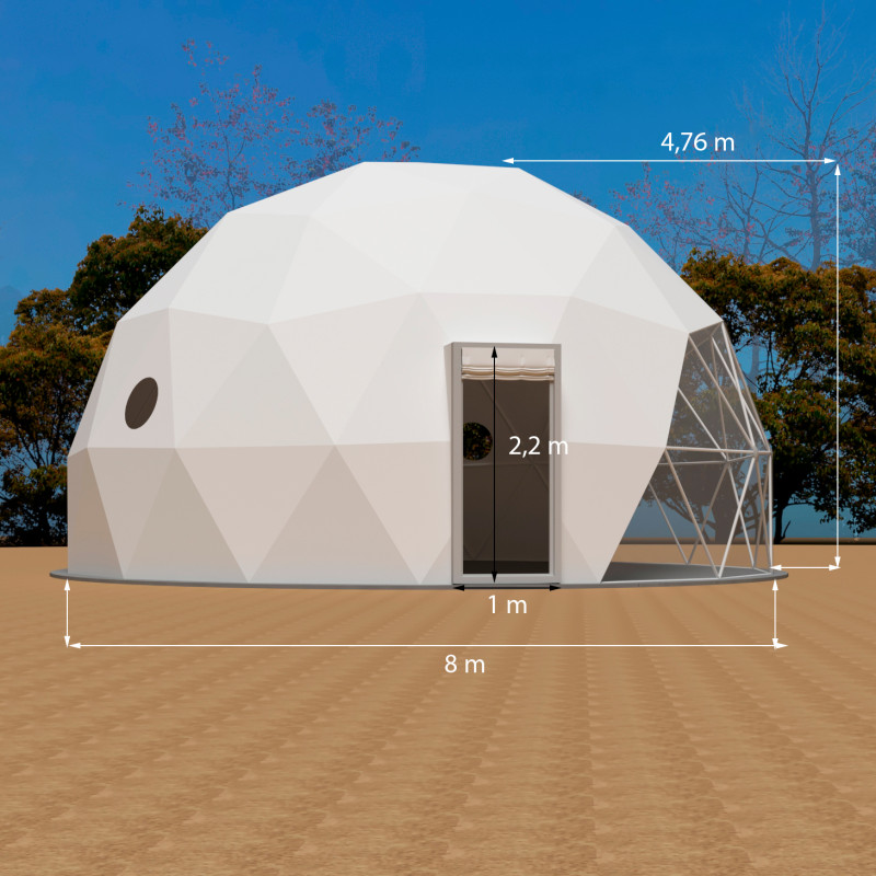 Namiot sferyczny całoroczny kopuła Ø 8m 50mkw szklane drzwi glamping