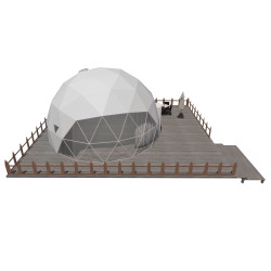 Namiot sferyczny całoroczny kopuła Ø 8m 50mkw szklane drzwi glamping