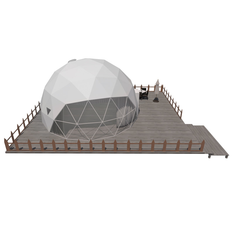 Namiot sferyczny całoroczny kopuła Ø 8m 50mkw szklane drzwi glamping