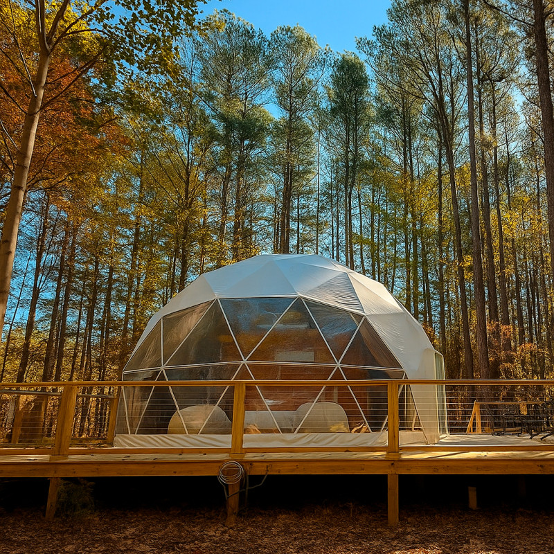 Namiot sferyczny całoroczny kopuła Ø 8m 50mkw szklane drzwi glamping