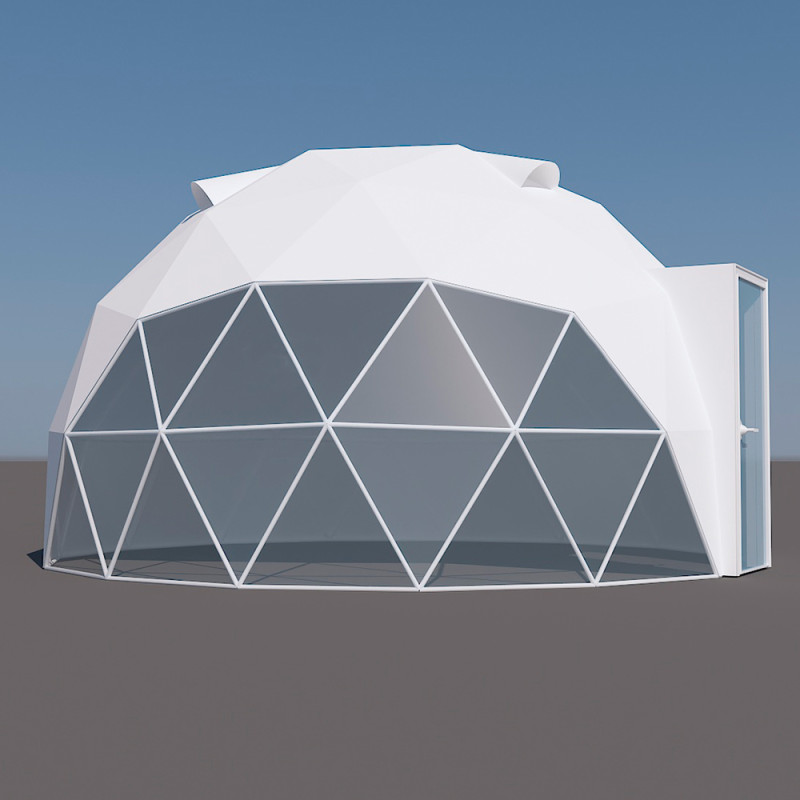 Namiot sferyczny całoroczny kopuła Ø 5m 20mkw szklane drzwi glamping