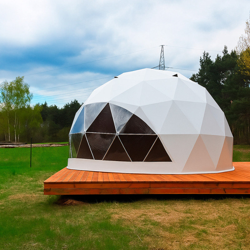 Namiot sferyczny całoroczny kopuła Ø 7m 38mkw drzwi pvc okno glamping