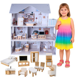 Drewniany domek dla lalek Lili z mebelkami i balkonem