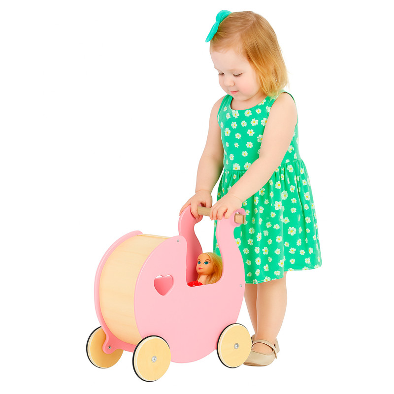 Drewniany wózek dla lalek Ruby różowy pchacz