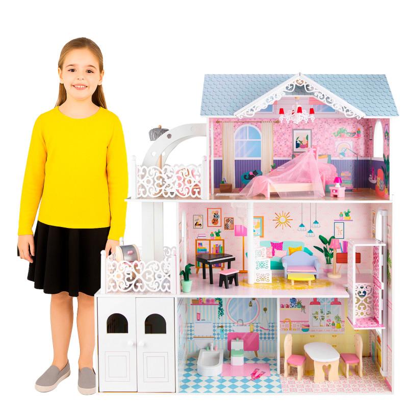 Drewniany domek dla lalek Oliwia z balkonem, garażem i akcesoriami