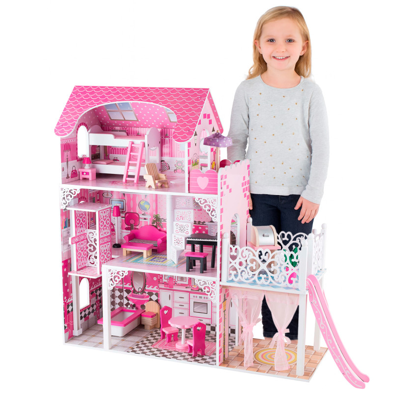 Drewniany domek dla lalek Celeste ze zjeżdżalnią, patio i akcesoriami