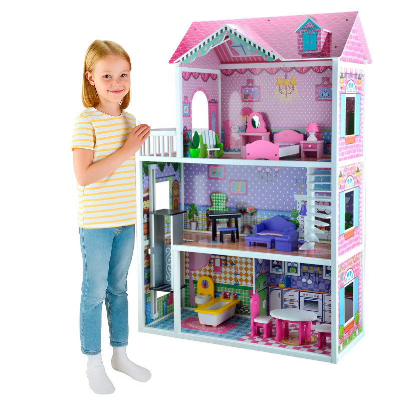 Drewniany domek dla lalek Julia z windą, balkonem i akcesoriami