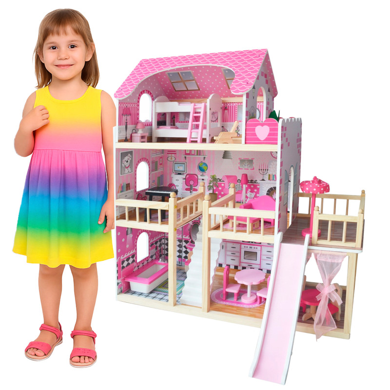 Duży domek dla lalek Larysa z balkonem, zjeżdżalnią i akcesoriami