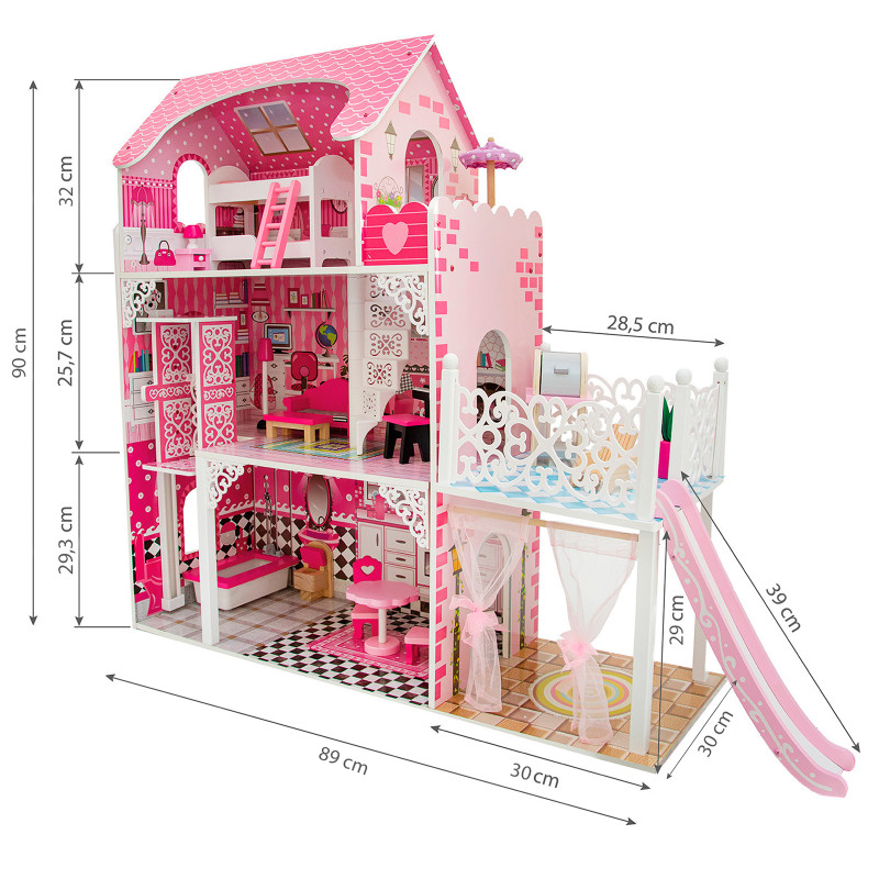 Drewniany domek dla lalek Celeste ze zjeżdżalnią, patio i akcesoriami