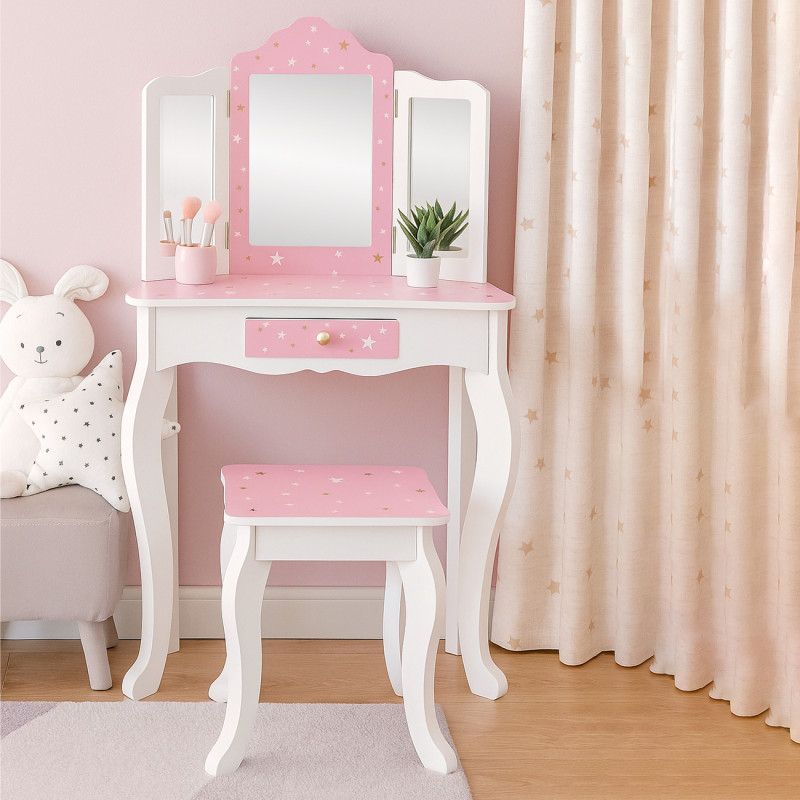 Różowa toaletka dla dzieci Sol z krzesełkiem i 3 lustrami