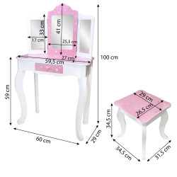 Różowa toaletka dla dzieci Sol z krzesełkiem i 3 lustrami