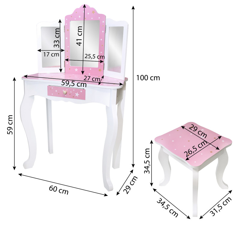 Różowa toaletka dla dzieci Sol z krzesełkiem i 3 lustrami