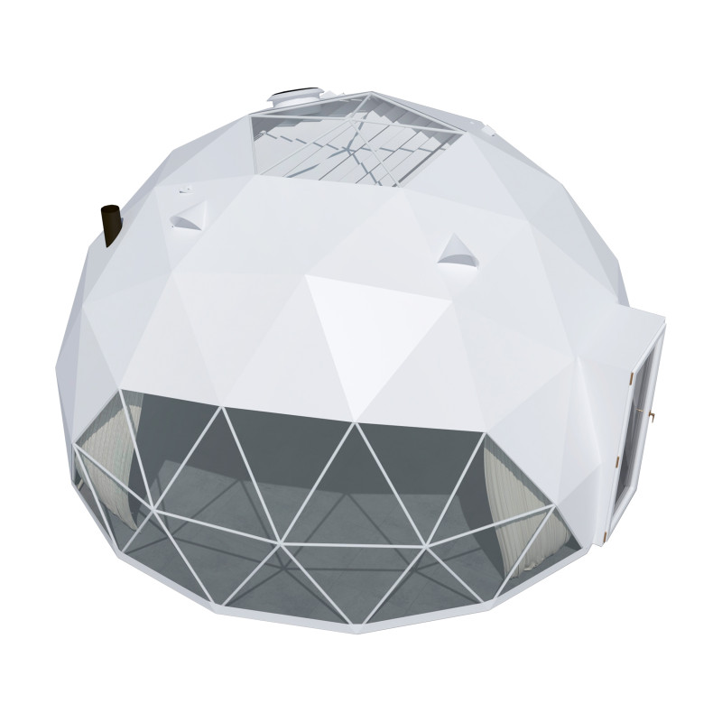 Namiot sferyczny całoroczny kopuła Ø 7m 38mkw szklane drzwi glamping