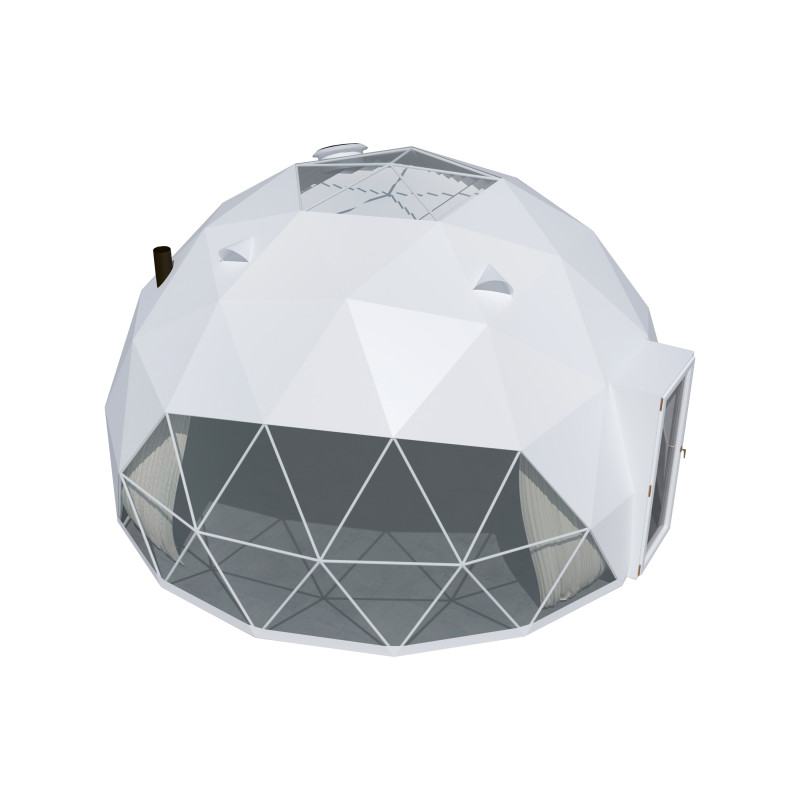 Namiot sferyczny całoroczny kopuła Ø 8m 50mkw szklane drzwi glamping