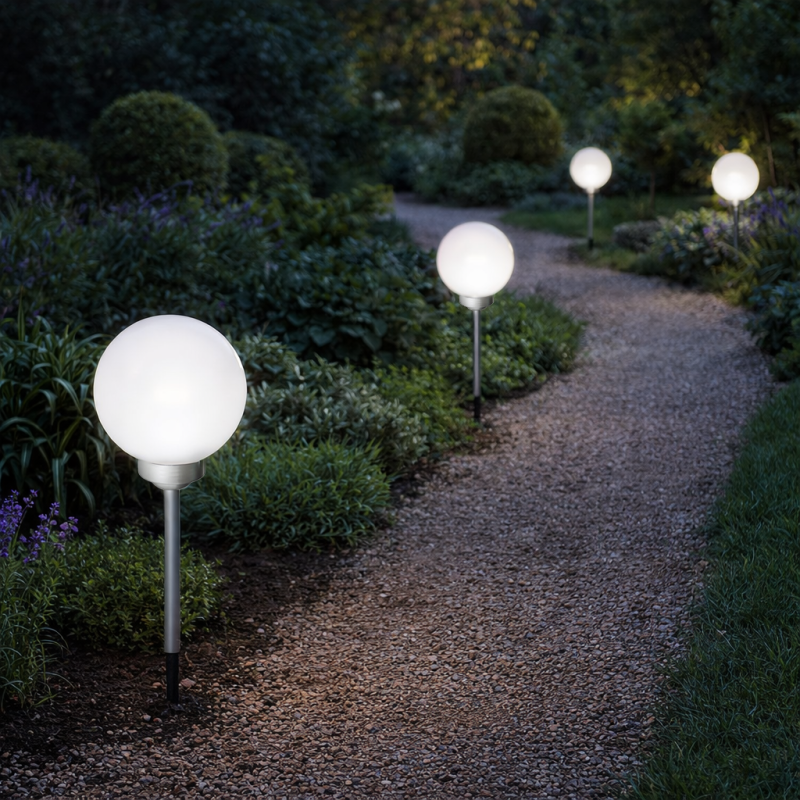 Lampa solarna LED ZENIT srebrna 10 cm ogrodowa kula wbijana