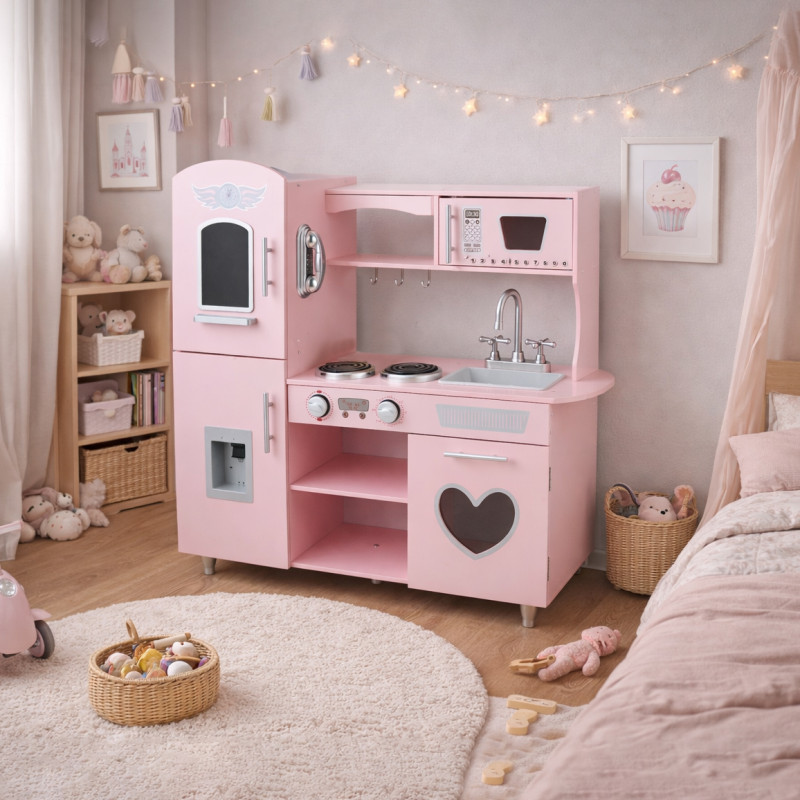 Drewniana różowa kuchnia dla dzieci TinyTotsKitchen z lodówką