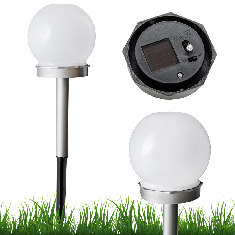 Lampa solarna LED ZENIT srebrna 10 cm ogrodowa kula wbijana - 10 sztuk