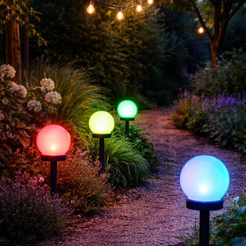 Lampa solarna LED AURA czarna 10 cm ogrodowa kula RGB wbijana