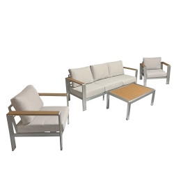 Zestaw Mebli Ogrodowych beż ELEGANZA 5-osobowy stal sofa stolik fotele + poduszki