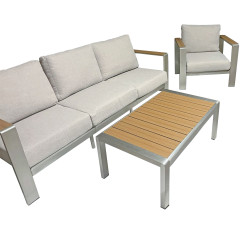 Zestaw Mebli Ogrodowych beż ELEGANZA 5-osobowy stal sofa stolik fotele + poduszki