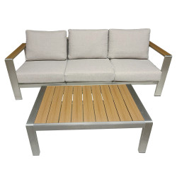 Zestaw Mebli Ogrodowych beż ELEGANZA 5-osobowy stal sofa stolik fotele + poduszki