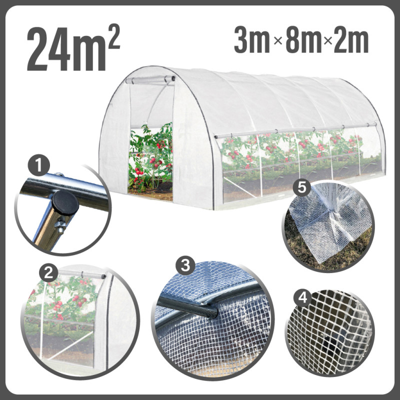 Tunel Szklarniowy 24m2 PREMIUM White 3x8m z siatką na insekty grube rurki 25mm