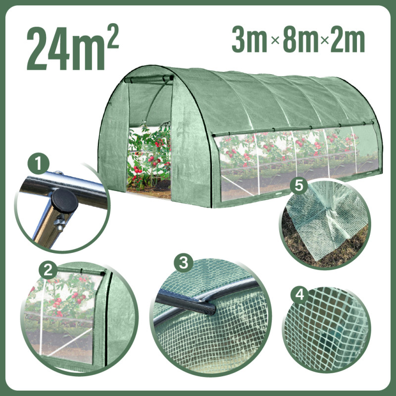 Tunel Szklarniowy 24m2 PREMIUM Green 3x8m z siatką na insekty grube rurki 25mm