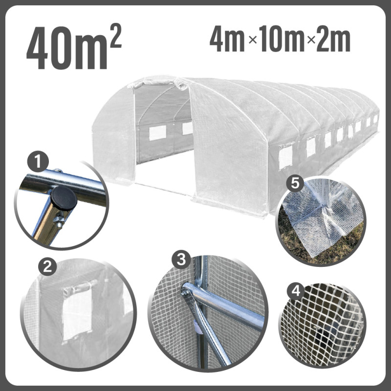 Tunel szklarniowy 40m2 PREMIUM white 4x10m grube rurki 25mm