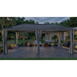 Pawilon ogrodowy brązowy z zasłonami szarymi 3x6xH2,7m Altana 18m2