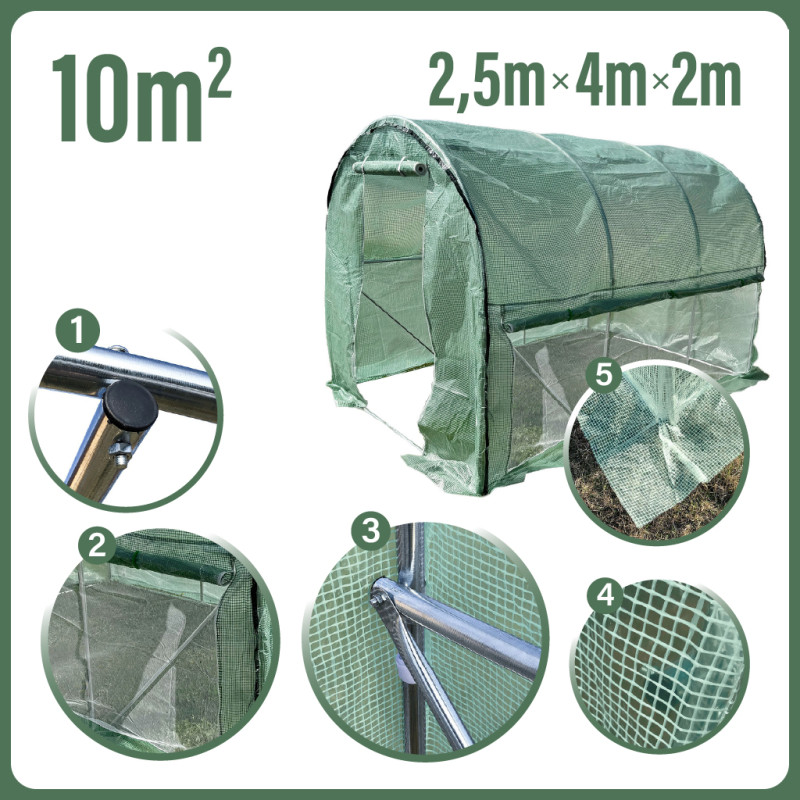 Tunel Szklarniowy 10m2 PREMIUM Green 2,5x4m z siatką na insekty grube rurki 25mm