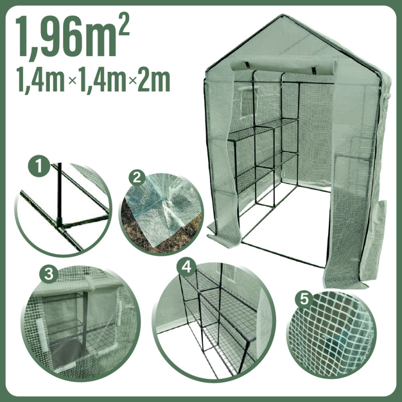 Mini tunel szklarniowy z półkami 1,4x1,4x2m zielony
