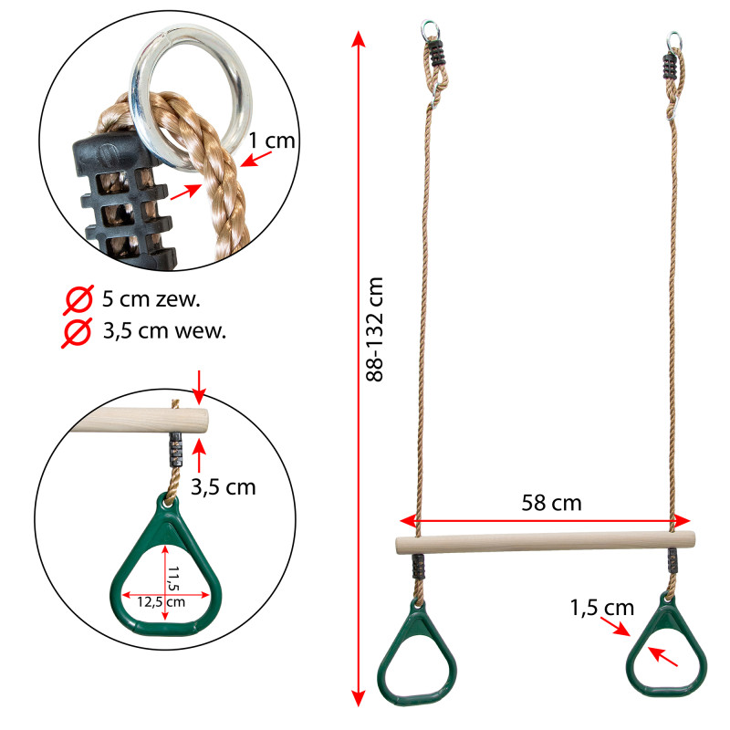 Drewniany Trapez do huśtawki z uchwytami w kolorze ciemnozielonym