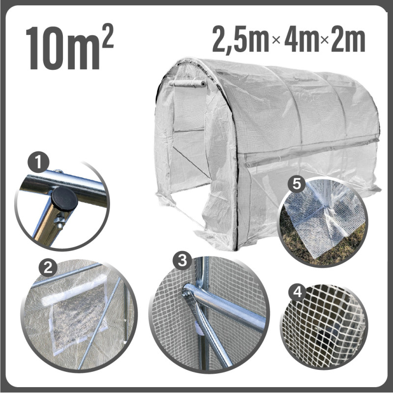 Tunel Szklarniowy 10m2 PREMIUM White 2,5x4m z siatką na insekty grube rurki 25mm