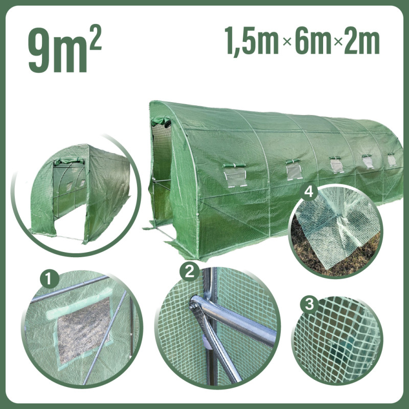 Tunel Szklarniowy 9m2 PREMIUM Green 6x1,5m przyścienny grube rurki 25mm