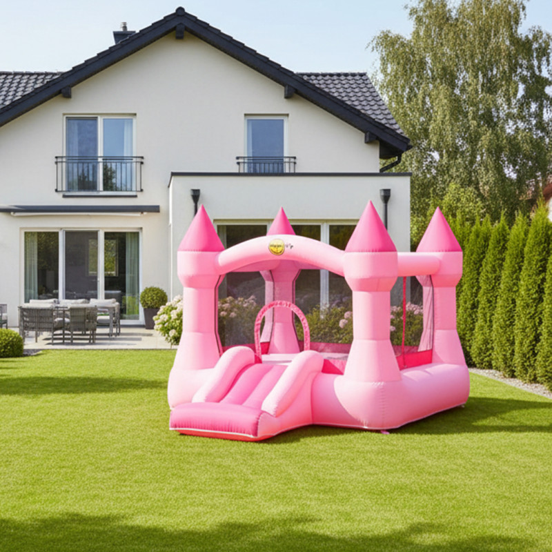 Dmuchany ZAMEK PINK duży trampolina HappyHop dmuchawa