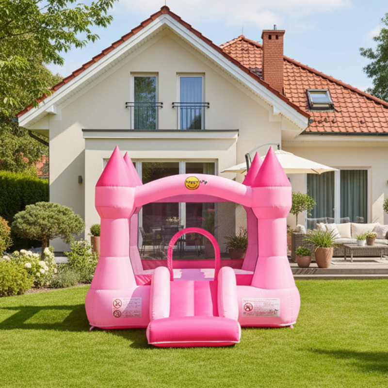 Dmuchany ZAMEK PINK duży trampolina HappyHop dmuchawa