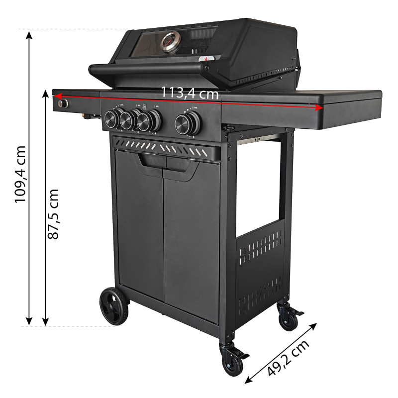 Grill gazowy HEATWAVE 3+1 LED żeliwny ruszt 11.9kW ogrodowy 113,4×49,2×109,4 cm