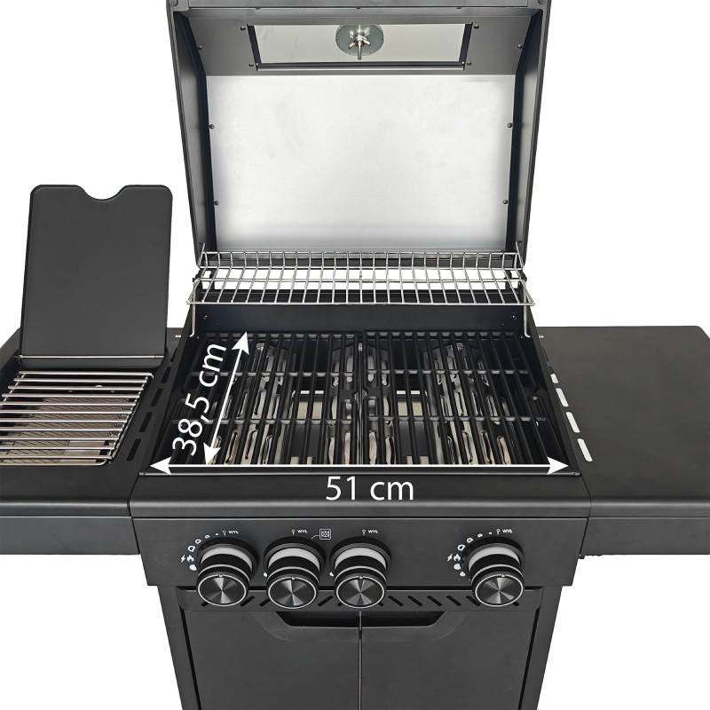 Grill gazowy HEATWAVE 3+1 LED żeliwny ruszt 11.9kW ogrodowy 113,4×49,2×109,4 cm