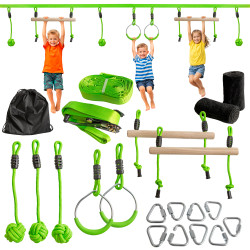 Tor przeszkód NINJA dla dzieci lina 10m zestaw Slackline zielony 7 przeszkód 200 kg