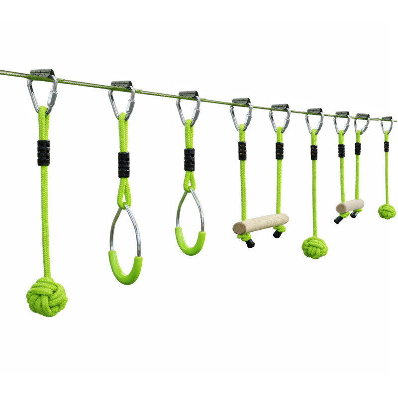 Tor przeszkód NINJA dla dzieci lina 10m zestaw Slackline zielony 7 przeszkód 200 kg