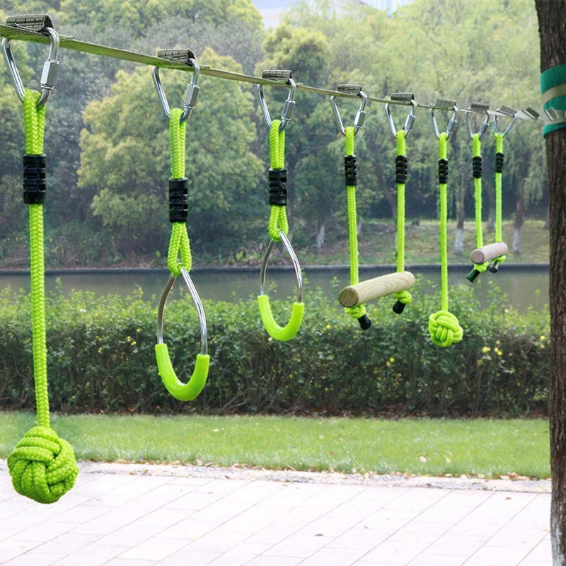 Tor przeszkód NINJA dla dzieci lina 10m zestaw Slackline zielony 7 przeszkód 200 kg