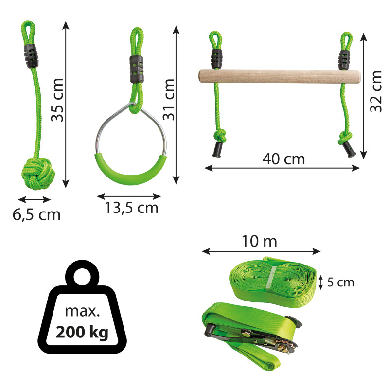 Tor przeszkód NINJA dla dzieci lina 10m zestaw Slackline zielony 7 przeszkód 200 kg