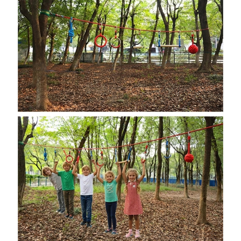 Tor przeszkód NINJA dla dzieci lina 10m zestaw Slackline zielony 7 przeszkód 200 kg