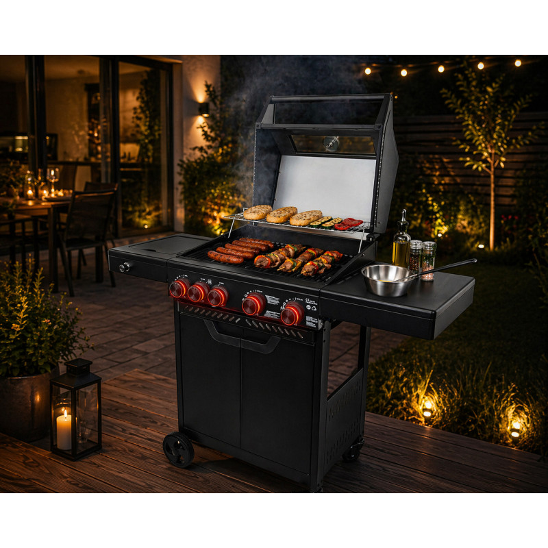 Grill gazowy HEATWAVE 4+1 LED żeliwny ruszt 13.7kW ogrodowy 123,4×49,2×109,4 cm