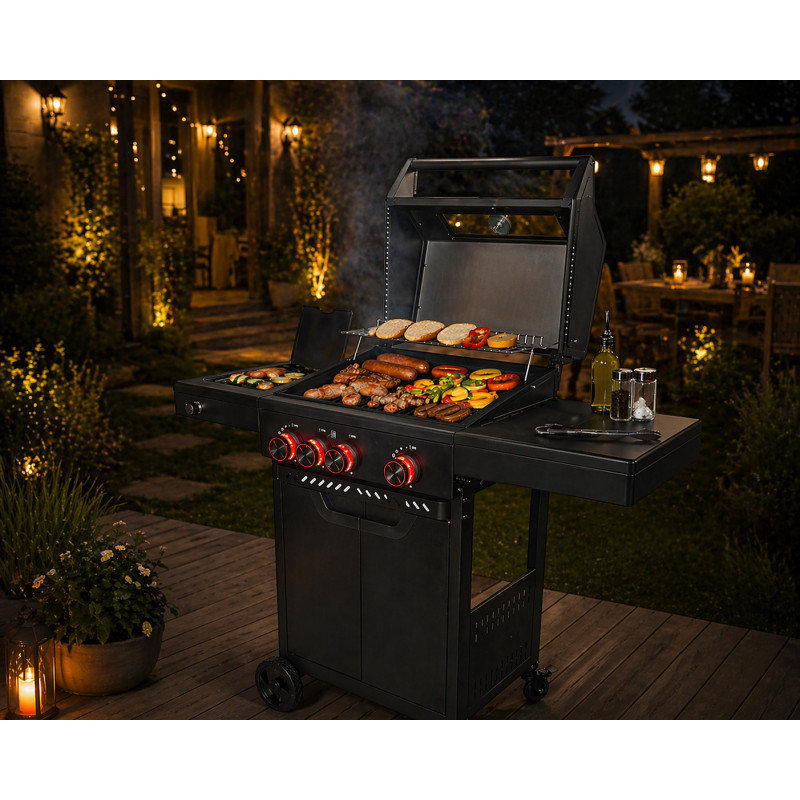 Grill gazowy HEATWAVE 3+1 LED żeliwny ruszt 11.9kW ogrodowy 113,4×49,2×109,4 cm