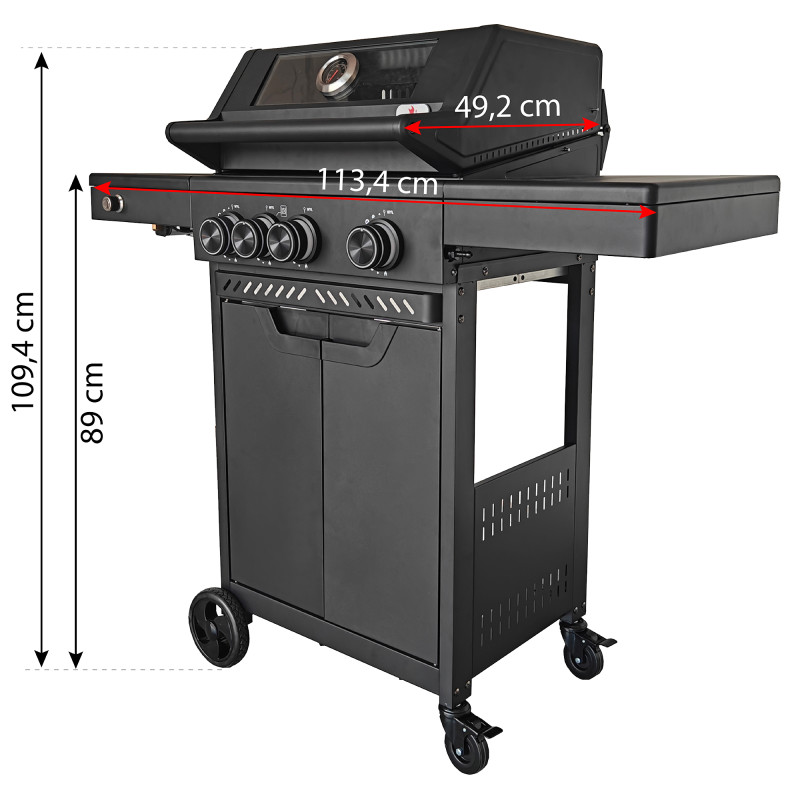 Grill gazowy HEATWAVE 3+1 LED żeliwny ruszt 11.9kW ogrodowy 113,4×49,2×109,4 cm