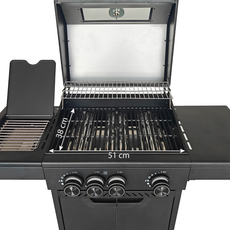 Grill gazowy HEATWAVE 3+1 LED żeliwny ruszt 11.9kW ogrodowy 113,4×49,2×109,4 cm