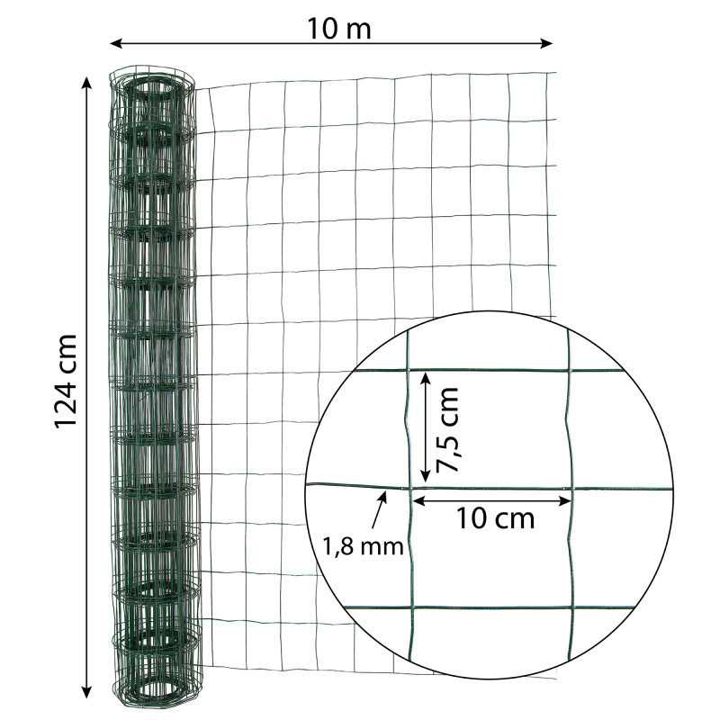 Siatka zgrzewana zielona PCV 1,25x10m ogrodzenie 75x100mm