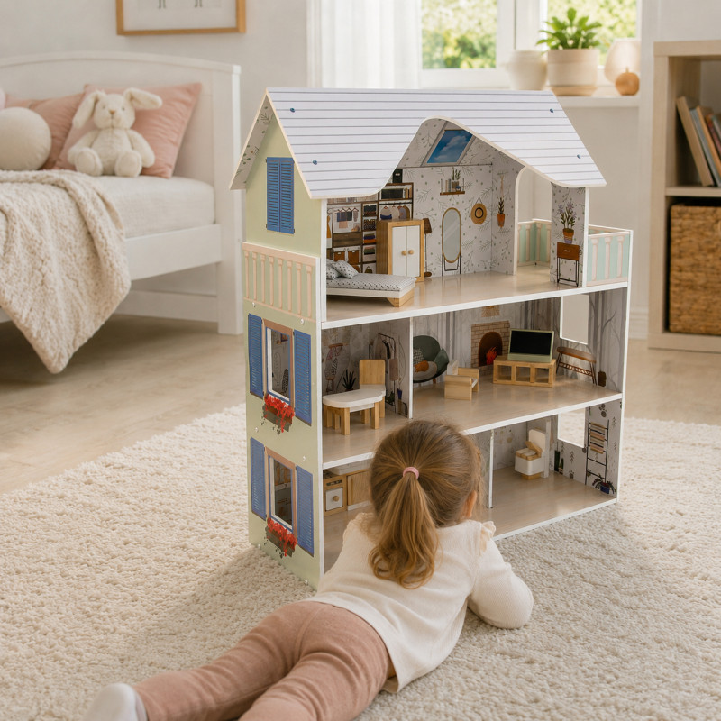 Drewniany domek dla lalek Lili z mebelkami i balkonem