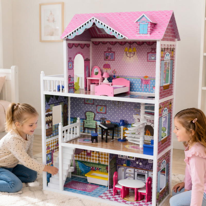 JULIA - drewniany domek dla lalek różowy 124 cm + dodatki